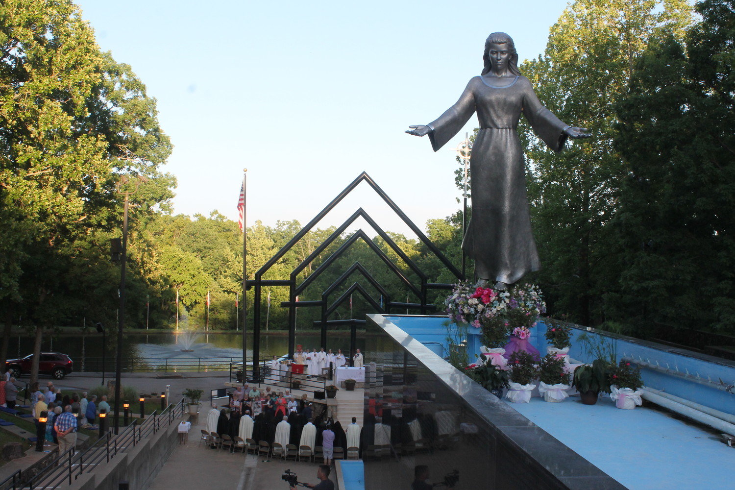 This sculpture of the Blessed Mother adorns the National Shrine of Mary, Mother of the Church, in Laurie, near the Lake of the Ozarks. In this 2018 photo, Bishop W. Shawn McKnight celebrates Mass for the newly established feastday for Mary, Mother of the Church, on the Monday after Pentecost.